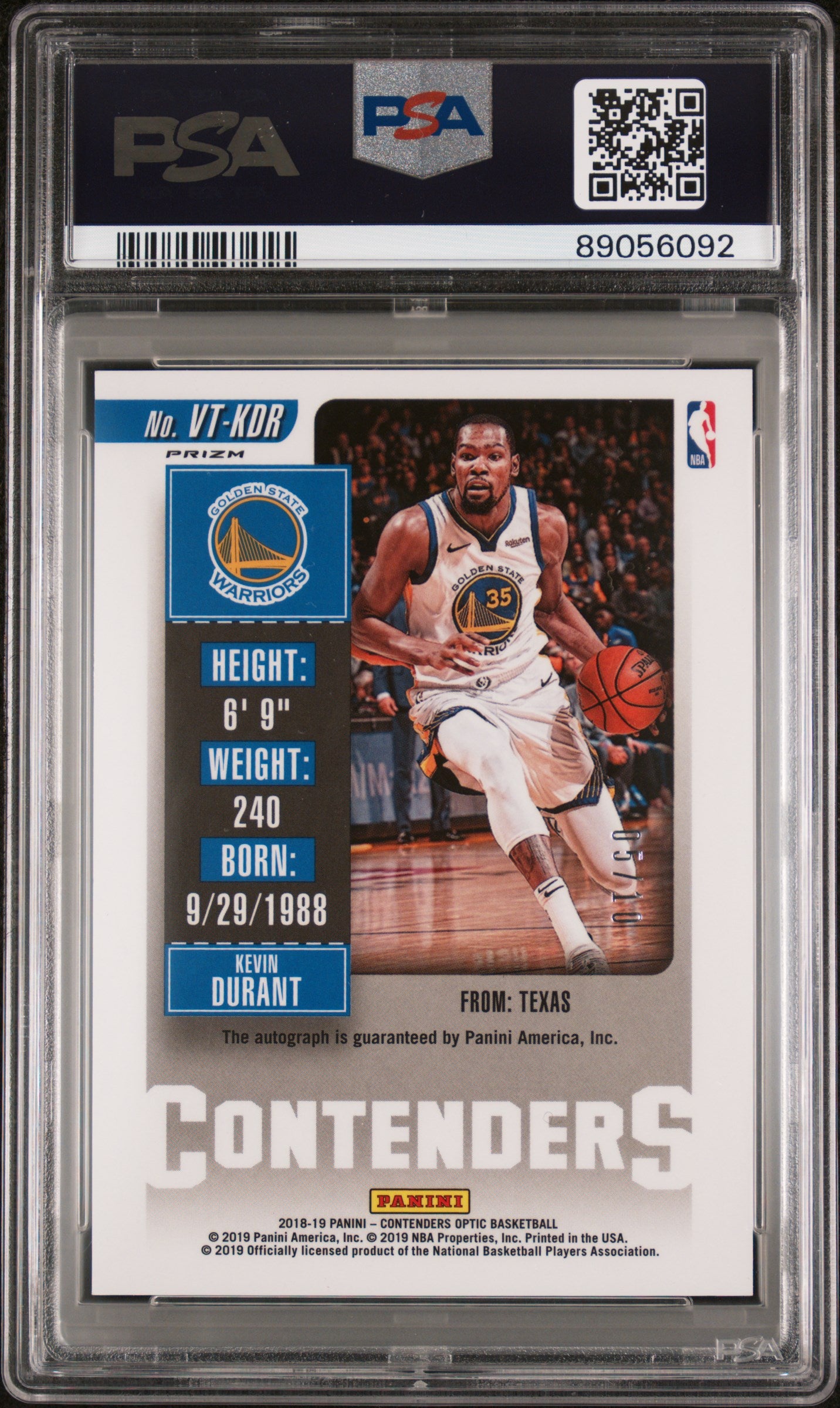 2018 Panini Contenders Optic Veteran Season Ticket Autographs Kevin Durant #KDR Vet. Season TKT. Auto Gold PSA 9