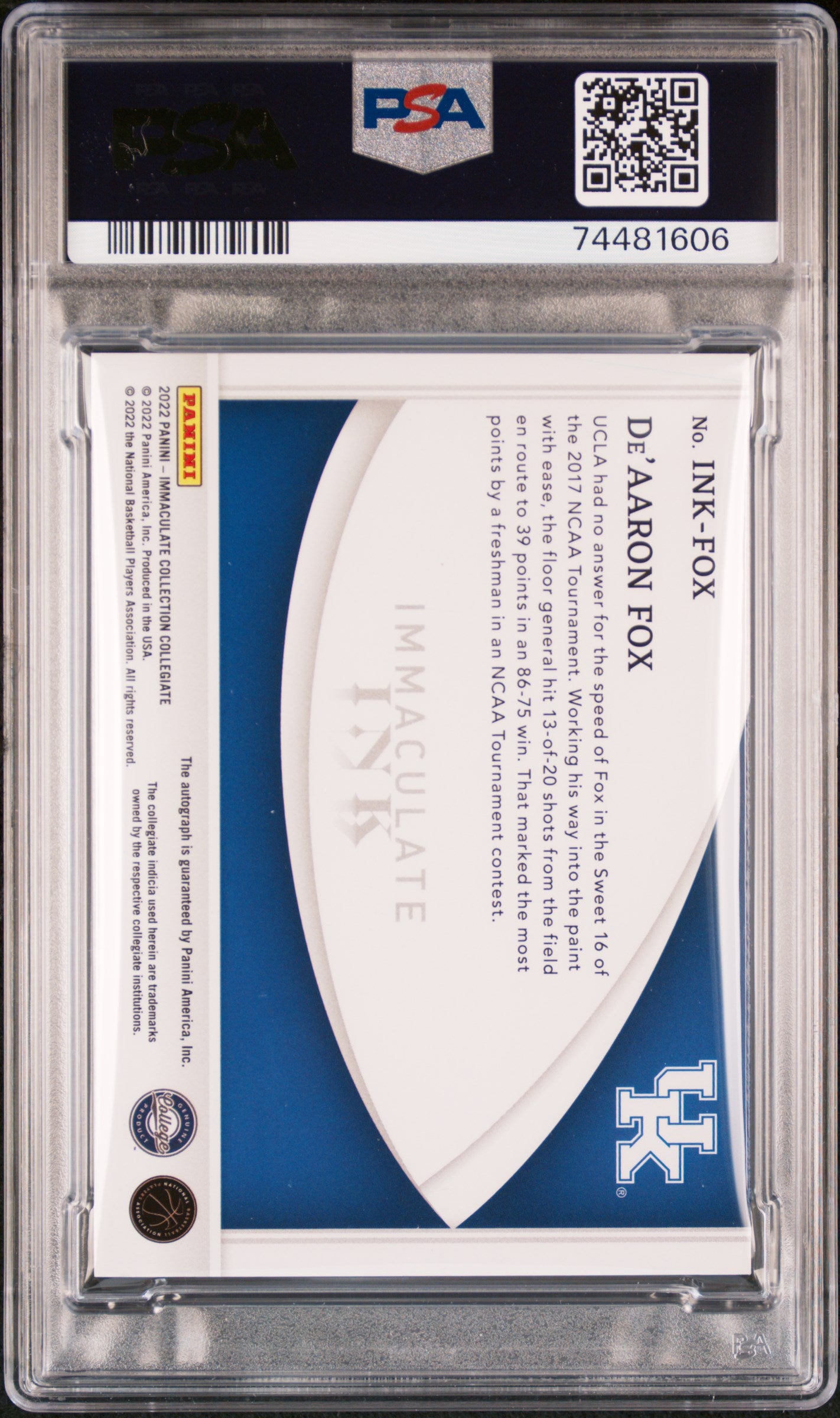 2022 Panini Immaculate Collection Collegiate Immaculate Ink De'aaron Fox #INKFOX Immclt. Ink Platinum 1/1 PSA 9