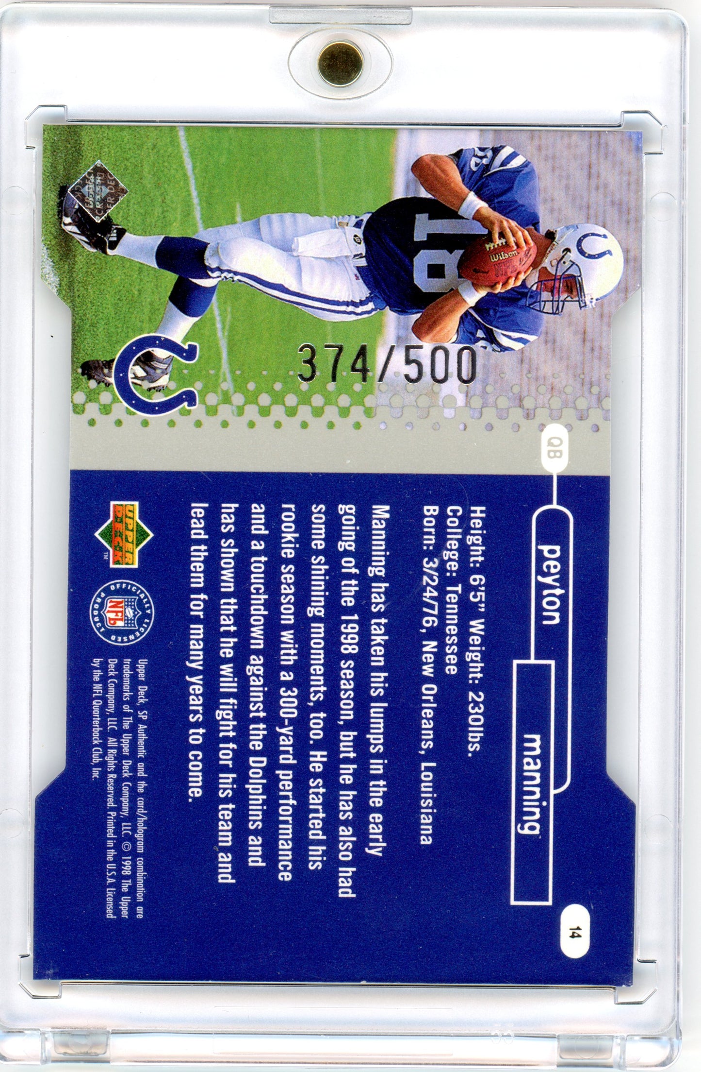 1998 Peyton Manning Upper Deck SP Authentic Future Watch Rookie 374/500 #14