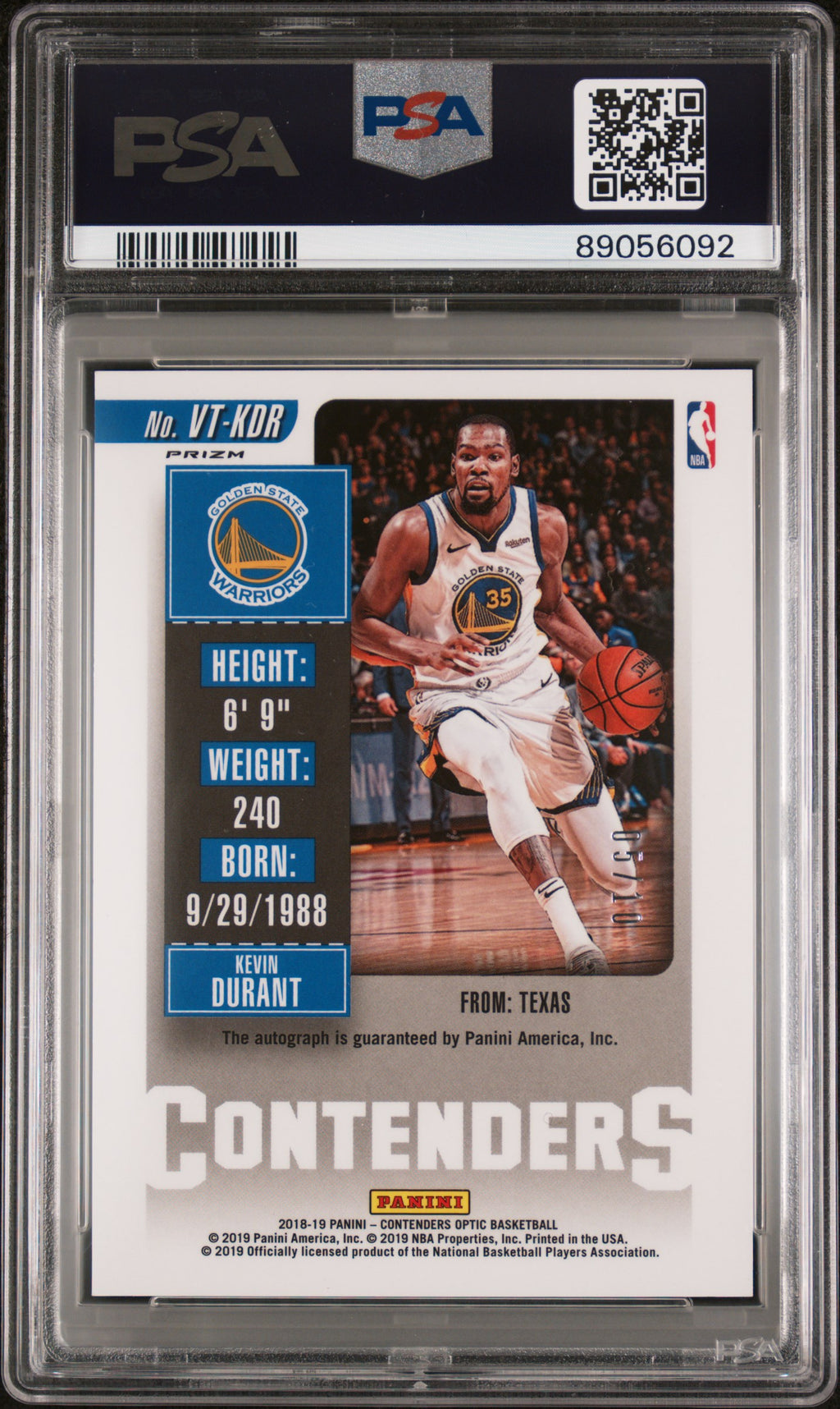 2018 Panini Contenders Optic Veteran Season Ticket Autographs Kevin Durant #KDR Vet. Season TKT. Auto Gold PSA 9