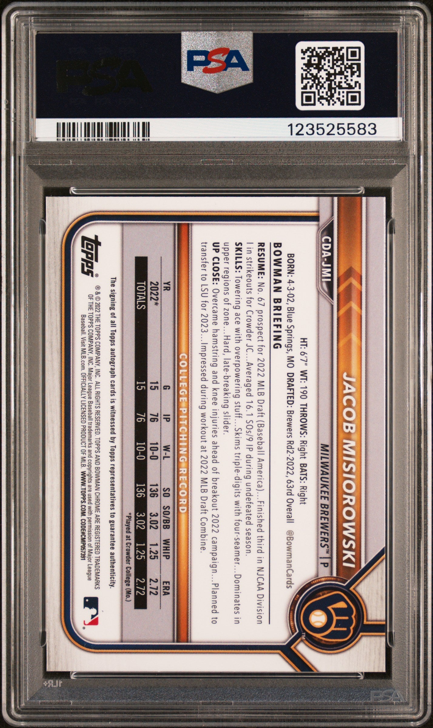 Jacob Misiorowski Bowman 2022 Bowman Draft Chrome Draft Pick Autographs DP Gold Wave Ref #CDAJMI /50 PSA 10 Auto 10