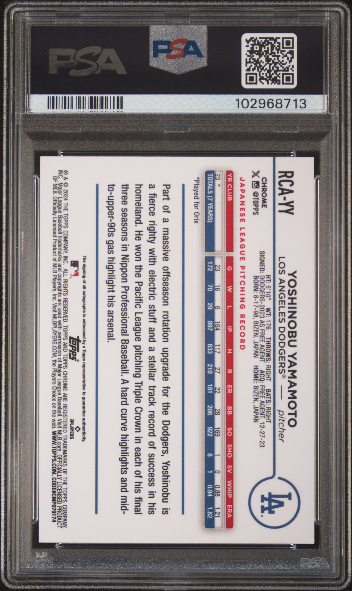 2024 Topps Chrome Logofractor Edition MLB Refractor Chrome Autographs Yoshinobu Yamamoto #RCAYY Black 05/10 PSA 10