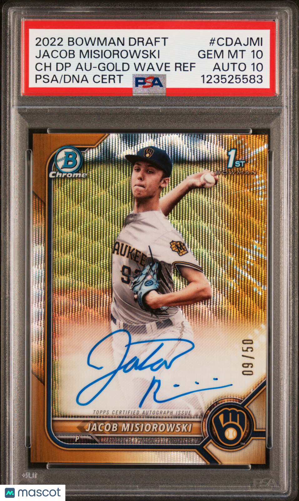 Jacob Misiorowski Bowman 2022 Bowman Draft Chrome Draft Pick Autographs DP Gold Wave Ref #CDAJMI /50 PSA 10 Auto 10