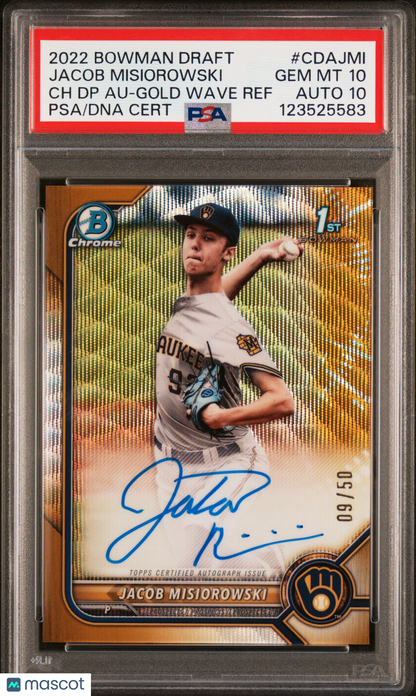 Jacob Misiorowski Bowman 2022 Bowman Draft Chrome Draft Pick Autographs DP Gold Wave Ref #CDAJMI /50 PSA 10 Auto 10